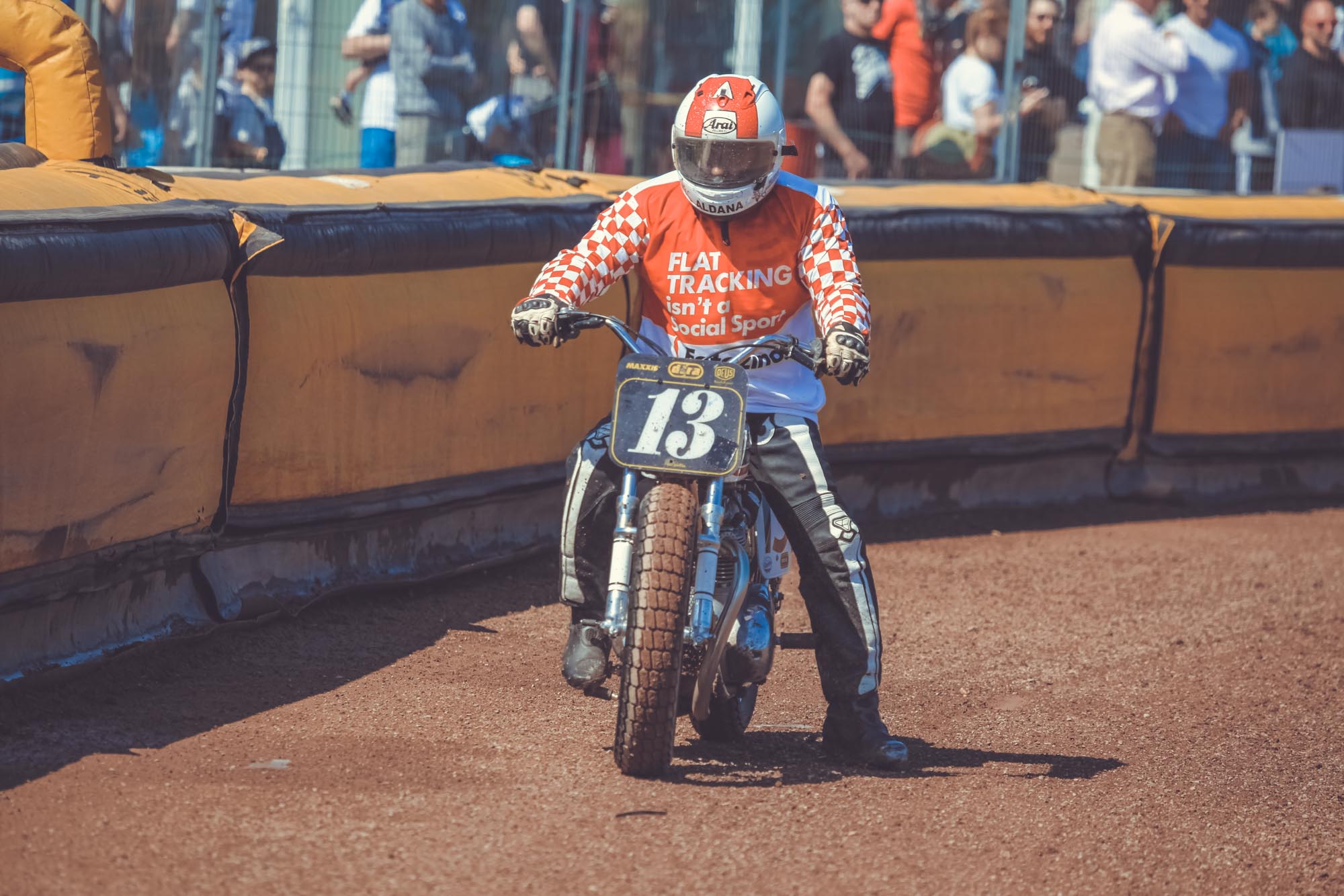 David Aldana American Flat Track rider, BSA rider, David wears a Fotozino, Gentlemen's Factory racing jersey.