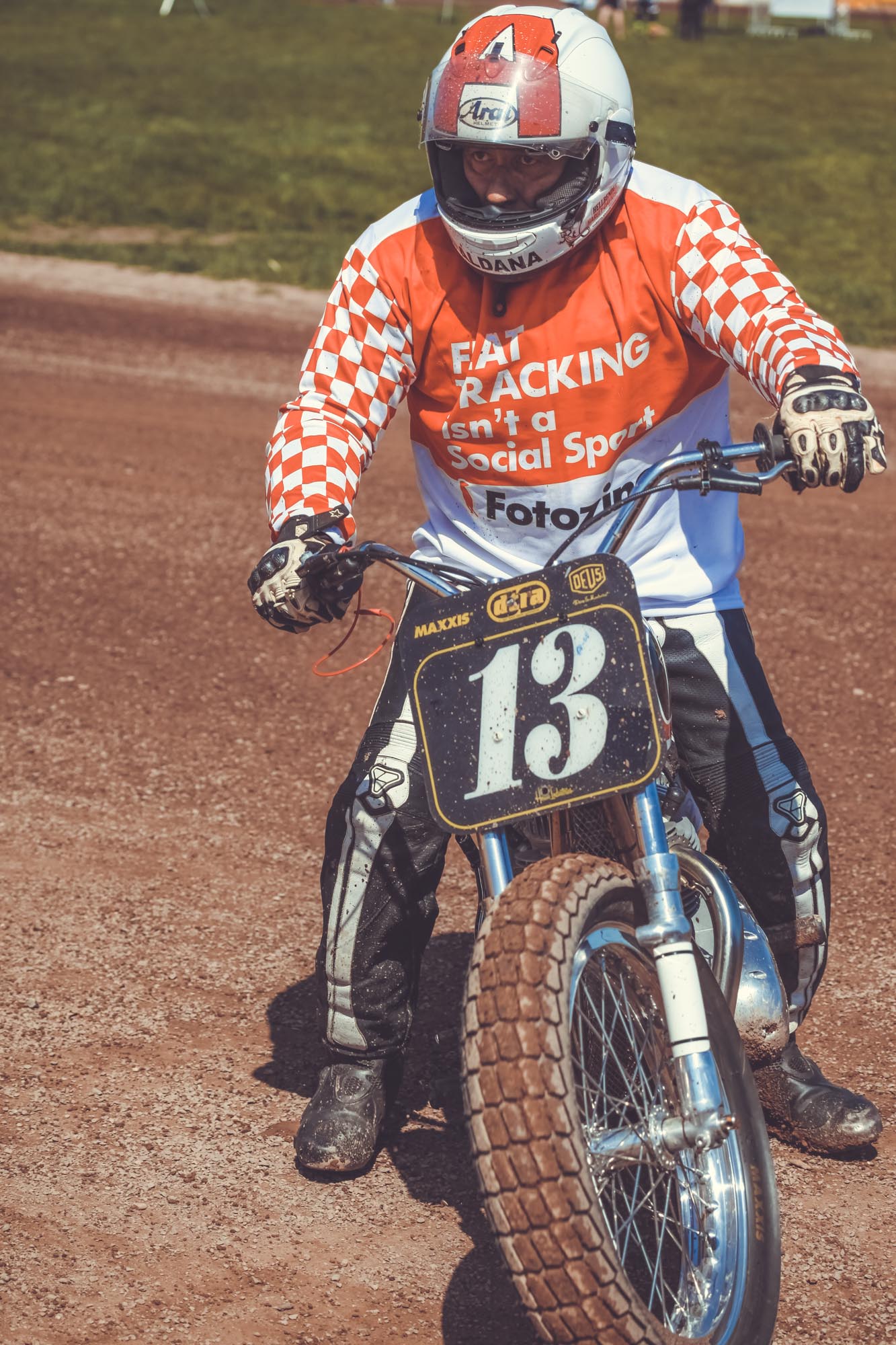 David Aldana American Flat Track rider, BSA rider, David wears a Fotozino, Gentlemen's Factory racing jersey.