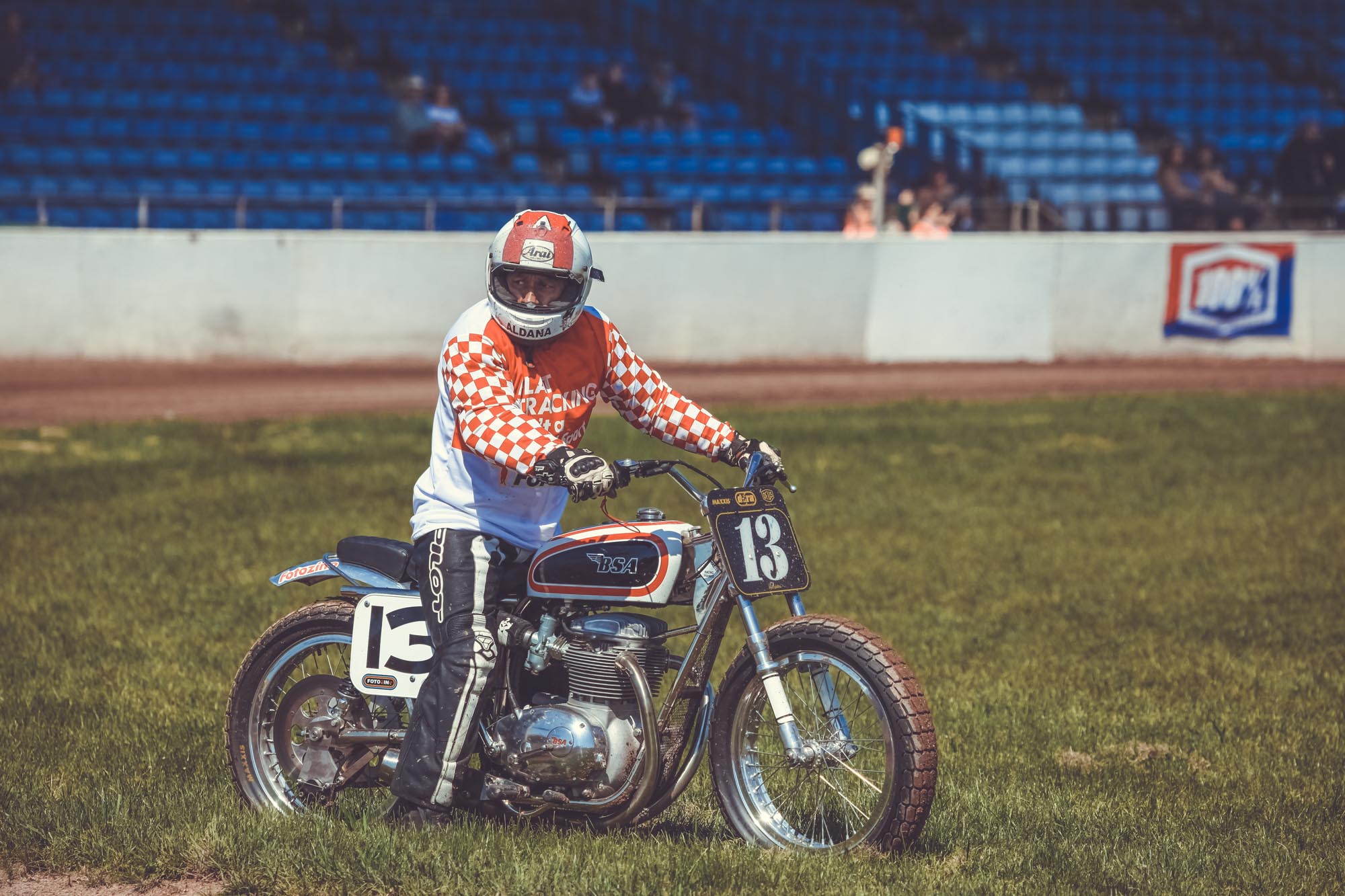 David Aldana American Flat Track rider, BSA rider, David wears a Fotozino, Gentlemen's Factory racing jersey.